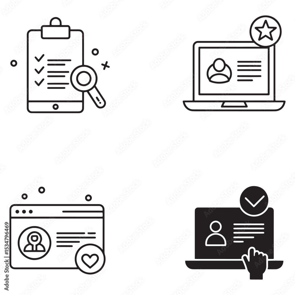 Poster modern black and white outline icons illustrating tasks profiles and website elements