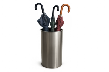 Decorative umbrella stand featuring multicolored umbrellas, adding visual interest and practical rainwear storage near entryway