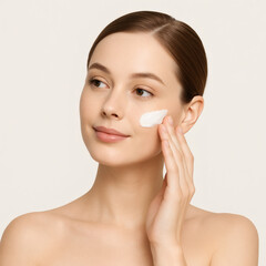 A woman applies skincare product to her face, showing a beauty and skincare scene.