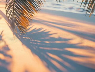 high resolution picture of A detailed view of a tranquil beach at sunset with the soft light casting long shadows of palm fronds onto the sand high detail 8k