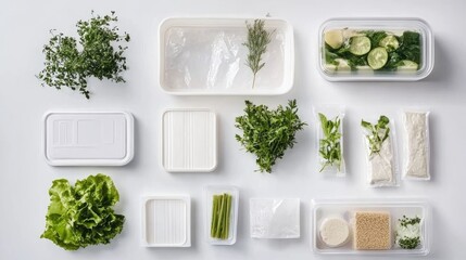 Fresh Ingredients Displayed on White Background with Various Herbs and Vegetables in Containers for Cooking or Meal Prep