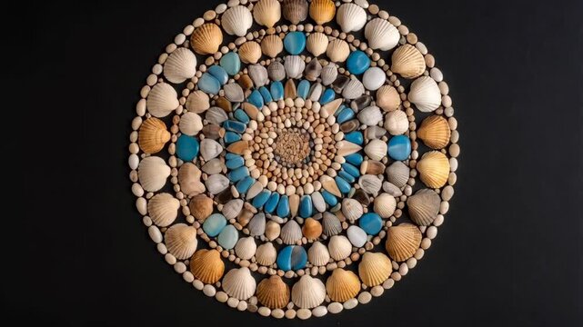 Circular composition of assorted seashells, pebbles, and turquoise stones arranged in concentric patterns on a dark background.