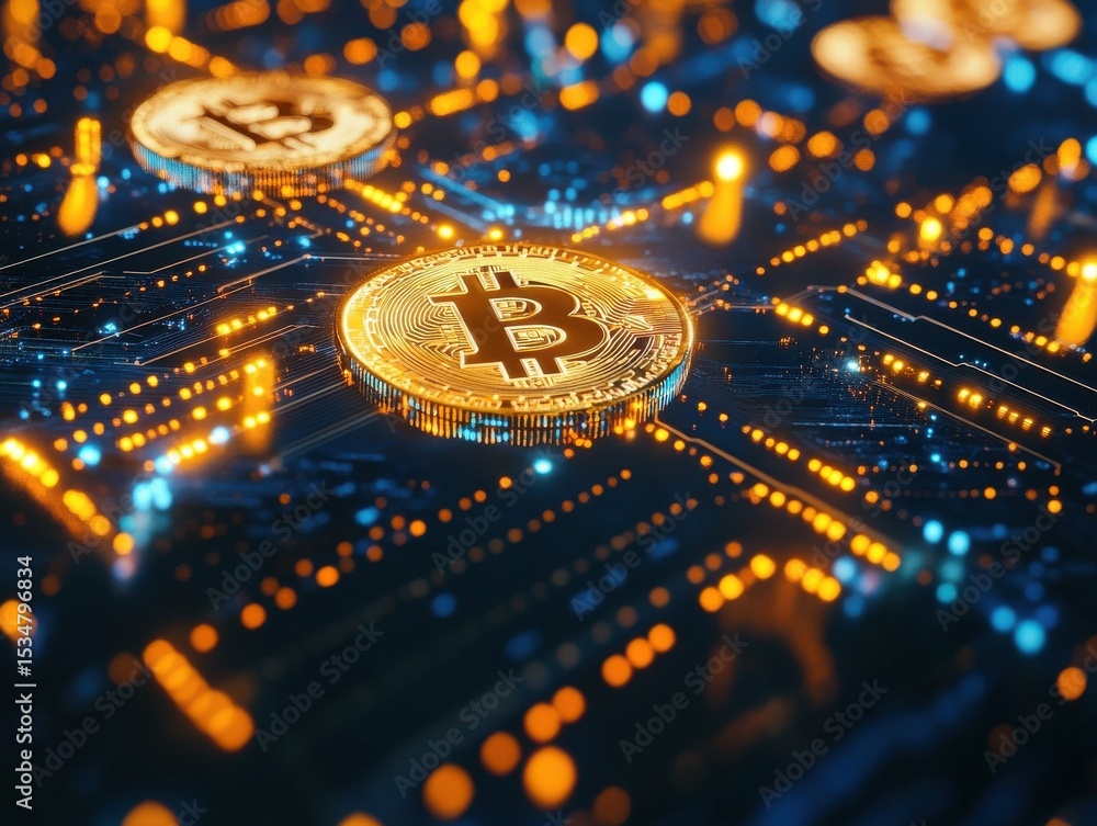 Poster a computer chip with a golden coin on it. the coin is a bitcoin. the image is bright and colorful