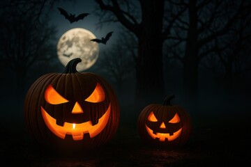 Glowing Pumpkins and Bats in Spooky Forest on Halloween Night. Use for Scary and Spooky Themed Content.