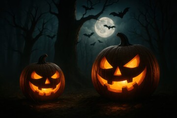 Glowing Pumpkins and Bats in Spooky Forest on Halloween Night. Use for Scary and Spooky Themed Content.