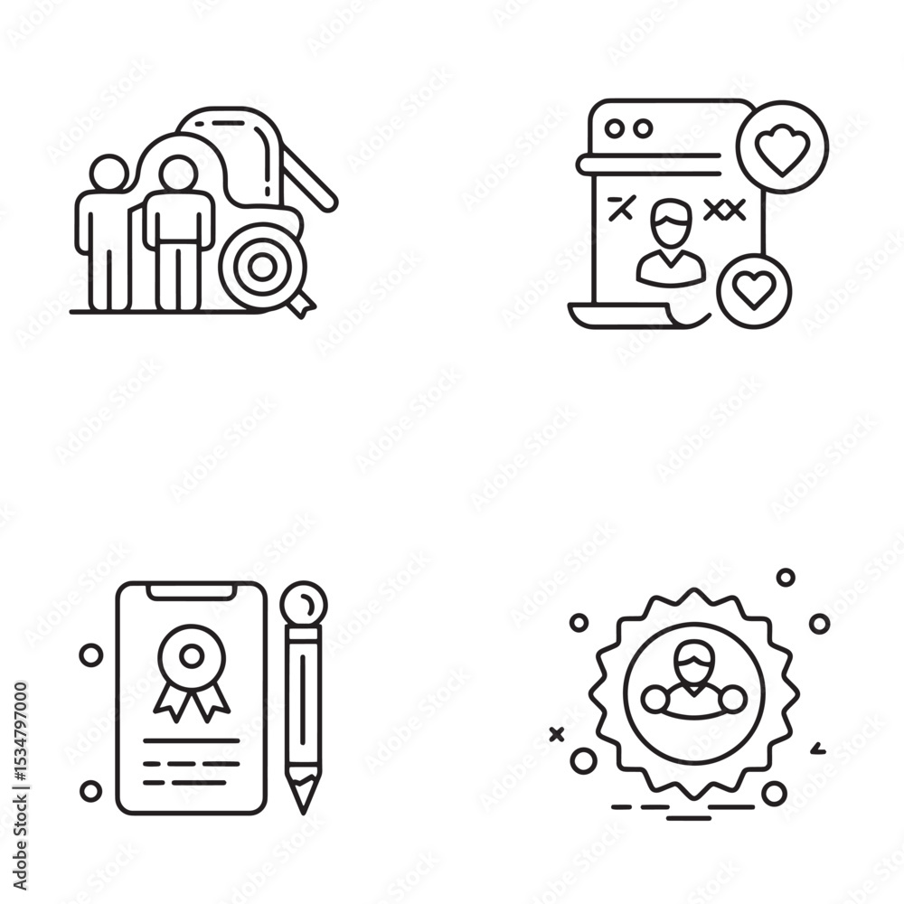 Poster set of four simple line icons illustrating people and various concepts for business