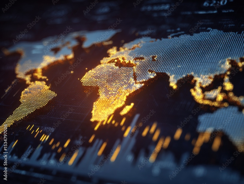 Aufkleber a map of the world with a yellow glow. the map is filled with dots and lines, and it is a representa