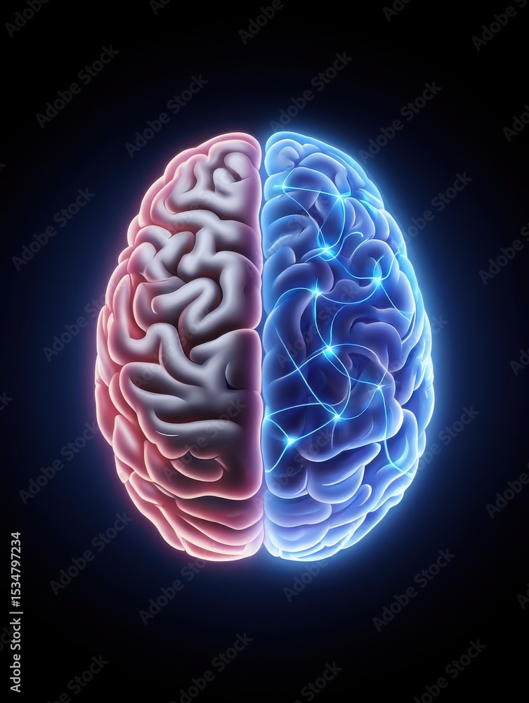 Poster this artwork visually contrasts the left and right hemispheres of the human brain showcasing distinc