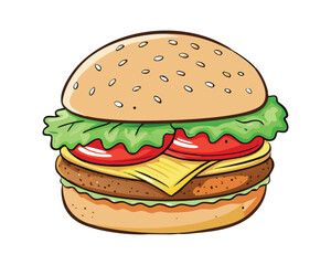 "Delicious Cheeseburger with Lettuce and Tomato, Tasty Fast Food Illustration"