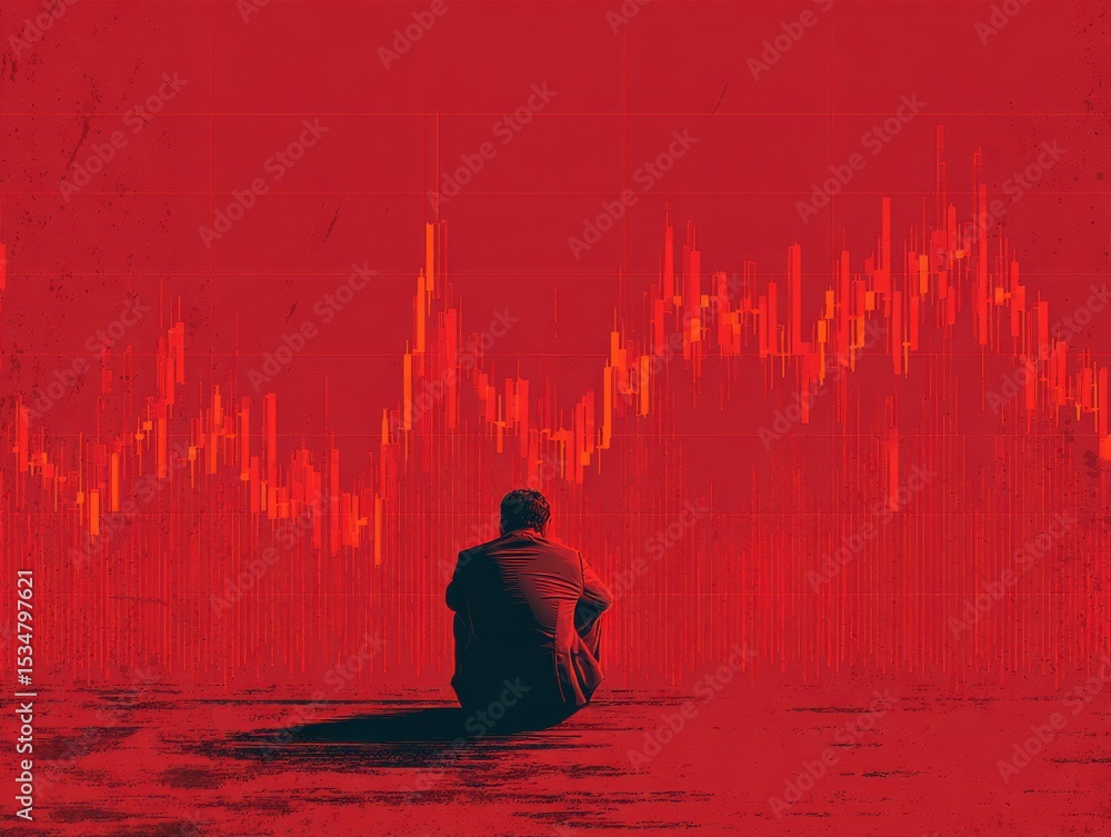 Aufkleber a man sits on the ground in front of a red background with a graph. the man is looking at the graph,