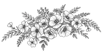 Elegant Monochrome Floral Illustration Delicate Line Art Bouquet of Flowers