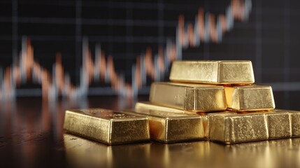 A stack of gold bars is shown with a graph in the background. The bars are piled on top of each other, and the graph shows a downward trend. Scene is one of uncertainty and potential loss