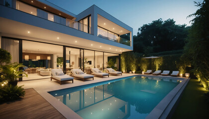 Obraz premium The atmosphere in front of the house has a pond.