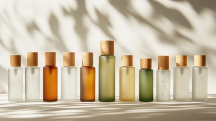 Elegant Display of Various Glass Bottles with Cork Stoppers Backlit by Soft Natural Light and Shadow Play