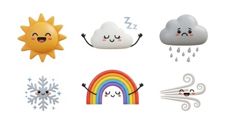 Weather Icons: Charming icons representing different weather conditions, perfect for educational or design purposes. Each icon embodies a unique expression.