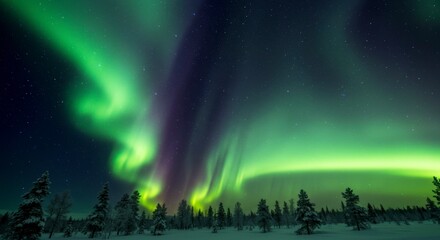 Vibrant aurora borealis display illuminates a snowy, forested landscape under a starlit sky