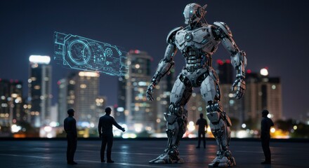 Naklejka premium Futuristic robot towering over city skyline, watched by people