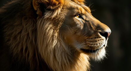 Majestic lion profile, illuminated by sunlight, showcasing its powerful features and tawny mane against a dark backdrop