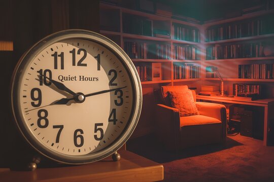 A cozy reading nook by a bookshelf, illuminated softly with a clock showing quiet hours.