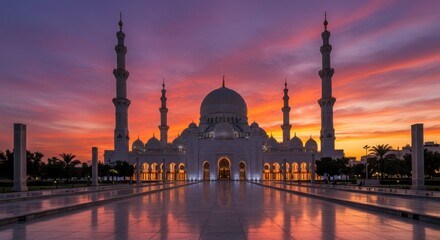 Obraz premium Grand mosque at sunset, reflecting in water. Majestic white structure, vibrant sky