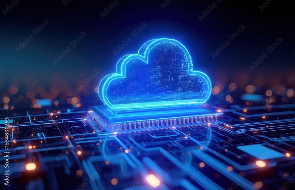 Poster Glowing blue cloud icon on intricate circuit board background with bokeh effect, symbolizing cloud computing, data storage, digital transfer, and futuristic network connectivity in abstract cyberspace