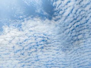 Beautiful blue sky with unusual white Altocumulus undulatus clouds, extraordinary cloud formation. White cirrocumulus clouds, altocumulus cloudy skies, stratocumulus cloud texture, blue sky background