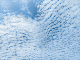 Beautiful blue sky with unusual white Altocumulus undulatus clouds, extraordinary cloud formation. White cirrocumulus clouds, altocumulus cloudy skies, stratocumulus cloud texture, blue sky background