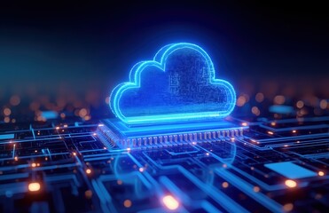 Glowing blue cloud icon on intricate circuit board background with bokeh effect, symbolizing cloud computing, data storage, digital transfer, and futuristic network connectivity in abstract cyberspace