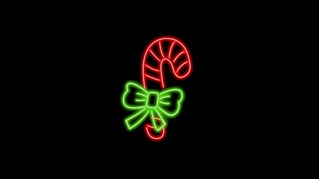 Vibrant red and green neon candy cane illustration with a glowing bow against a dark background.