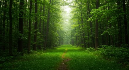 Fototapeta premium Lush forest path, light filtering through trees
