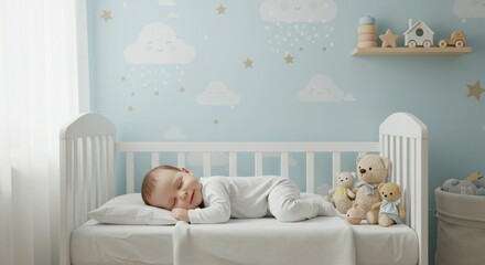 A peacefully sleeping infant lies in a white crib, surrounded by soft toys and a pastel blue wall adorned with cloud and star decals