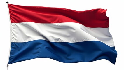 Naklejka premium Photorealistic Netherlands flag with red, white, and blue horizontal stripes. Realistic fabric texture and folds, isolated on white background, symbol of Dutch national identity.
