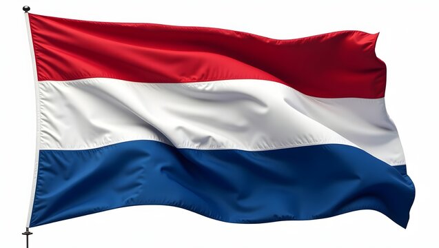 Photorealistic Netherlands flag with red, white, and blue horizontal stripes. Realistic fabric texture and folds, isolated on white background, symbol of Dutch national identity.
