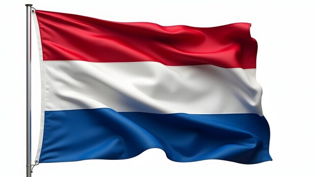 Photorealistic Netherlands flag with red, white, and blue horizontal stripes. Realistic fabric texture and folds, isolated on white background, symbol of Dutch national identity. - Powered by Adobe