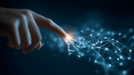 Human Finger Touching Digital Network Connection in Futuristic Technology Concept
