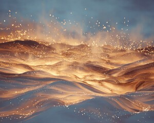 Golden, undulating landscape with glowing particles