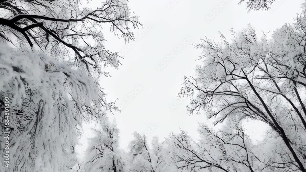 Poster trees covered in fresh snow viewed from below on a winter day create a cool tranquil natural scene.
