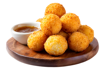 Crispy cheese balls with creamy dipping sauce on wooden board isolated on transparent background