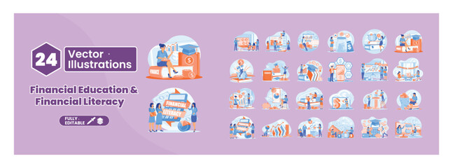 A collection of illustrations depicting financial education and financial literacy. Mega set.