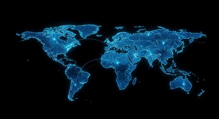 Glowing blue digital world map on a black background, highlighting global connections and data flow