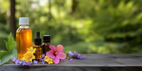 3 small glass bottles oils , Tropical oils, Natural oils, bottles of essential oil with  flowers on wooden surface