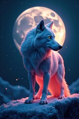 Geometric wolf form, full moon glow, icy textures, white, pattern