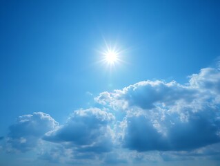 Radiant midday sun shining over billowy white clouds in sky.