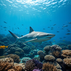 A reef shark patrolling the coral reefs in a clear ocean environment, surrounded by schools of fish and marine biodiversity.