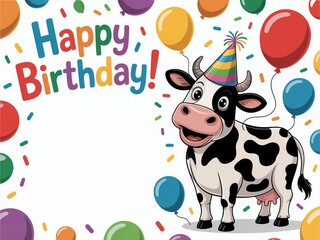 Naklejka premium Colorful birthday card with a cheerful cow, balloons, and festive design.