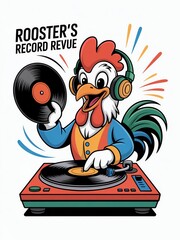 Colorful cartoon rooster DJ spinning vinyl records on turntable with headphones.