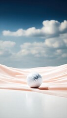 Golf ball on peach fabric, blue sky