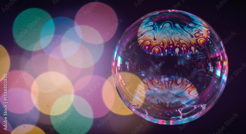 Poster a vibrant, translucent bubble floats, reflecting colorful swirls and illuminated bokeh. background o