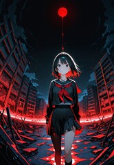 Lonely girl under a supernatural red eye