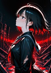Lonely girl under a supernatural red eye